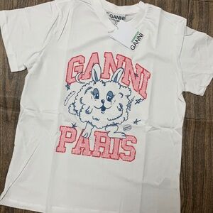 Ganni White Tee with Pink Lettering and Blue Bunny Graphic